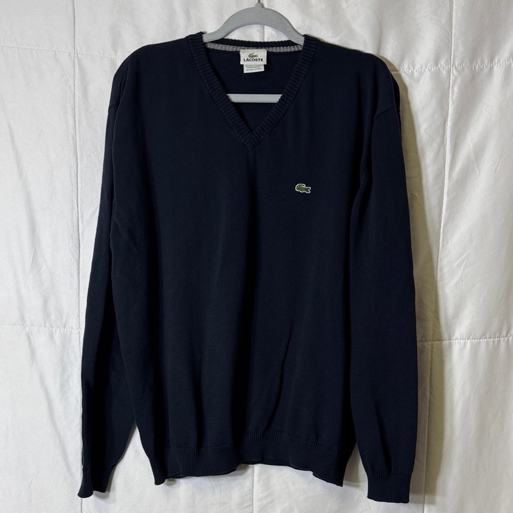 Lacoste Navy V Neck Sweater Classic Crocodile Logo Size 7 or US‎ XL